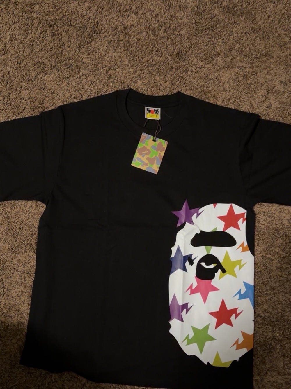 Men’s Black Graphic bape Tee with Colorful Star Ape Print